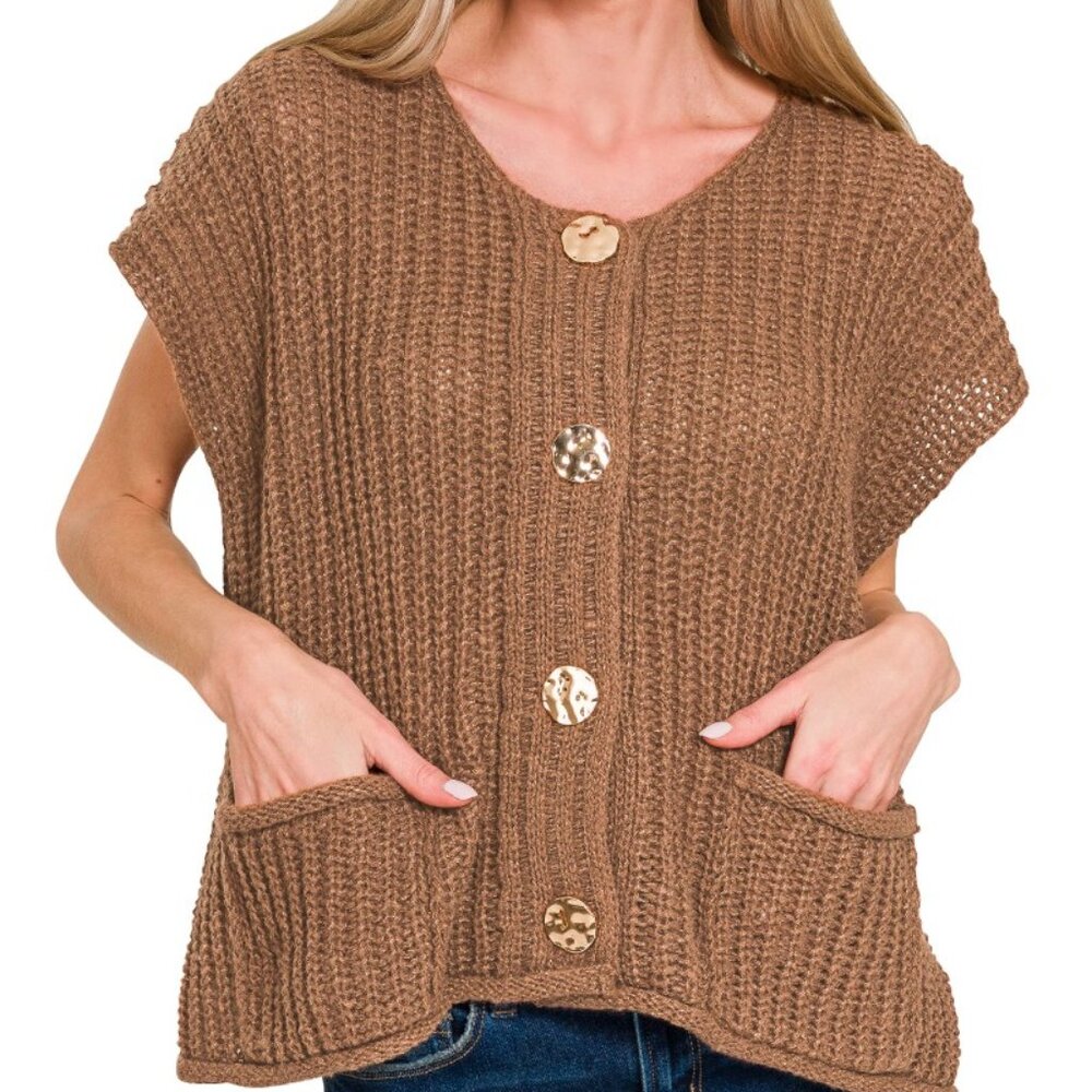 Zenana BROWN Button Down Sweater Vest